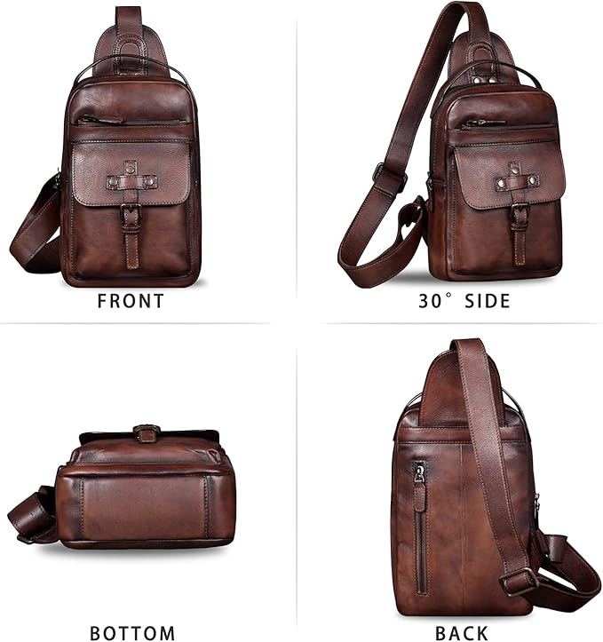 IVTG Genuine Leather Sling Bag Chest Shoulder Fanny Bag Hiking Backpack Vintage Handmade Crossbody Daypack