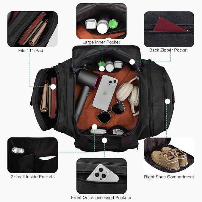 Felipe Varela 60L Duffle Bag for Men, Large Canvas Expandable Duffle Bag for Travel, Mens Carry on Luggage Weekender Gym Overnight Duffel Bags for Traveling, Black