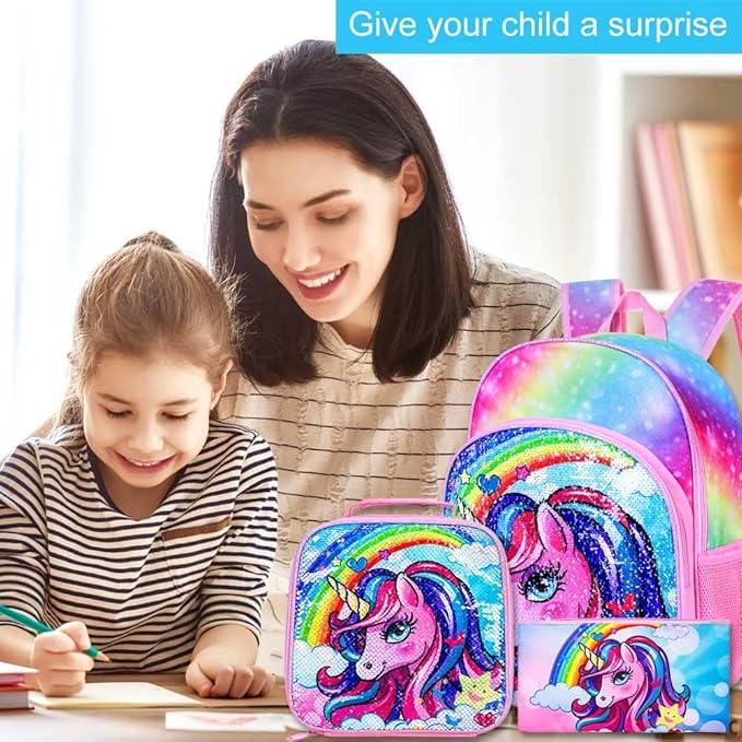 3PCS Unicorn Backpack, 16" Girls Rainbow Sequins Kids Bookbag with Lunch Box, School Bags for Elementary Preschool Kindergarten - Pink