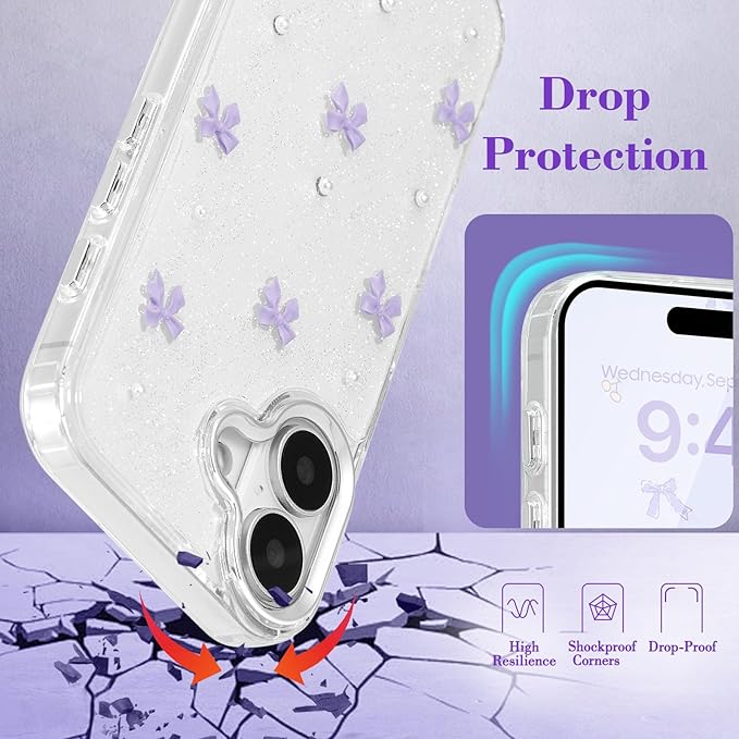 EYZUTAK Case for iPhone 16, Bling Glitter 3D Bowknot Phone Case Cute Sparkly Crystal Clear Bow Aesthetic Design Case Slim Soft Durable TPU Transparent Protective Cover for Women Girl - Purple Bow