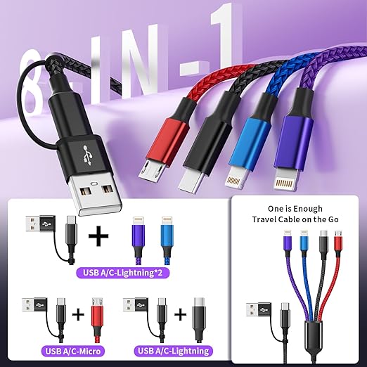 Travel 4 in 2 Multi Charging Cable with Dual IP, Tinned Copper Multi Phone Chargers for All Devices with IP/IP/Type C/Micro Port, Compatible with Most Cell Phones/Tablets and More (1Pack, 5FT)
