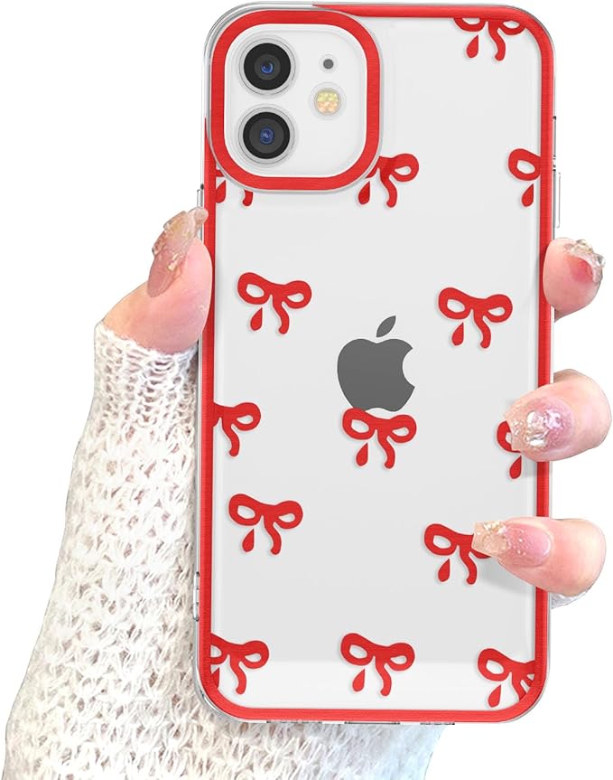 EYZUTAK Case for iPhone 11, Clear Cute Ribbon Bowknot Pattern Aesthetic Transparent Phone Case Raised Camera Protection Stylish Slim Soft Durable TPU Protective Cover for Women Girls - Red
