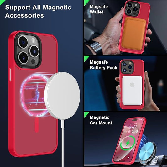 MOCCA Strong Magnetic for iPhone 15 Pro Max Case, [Compatible with Magsafe][13FT Military Drop Protection] Slim Translucent Matte Shockproof Case for iPhone 15 ProMax Case 6.7'', Red