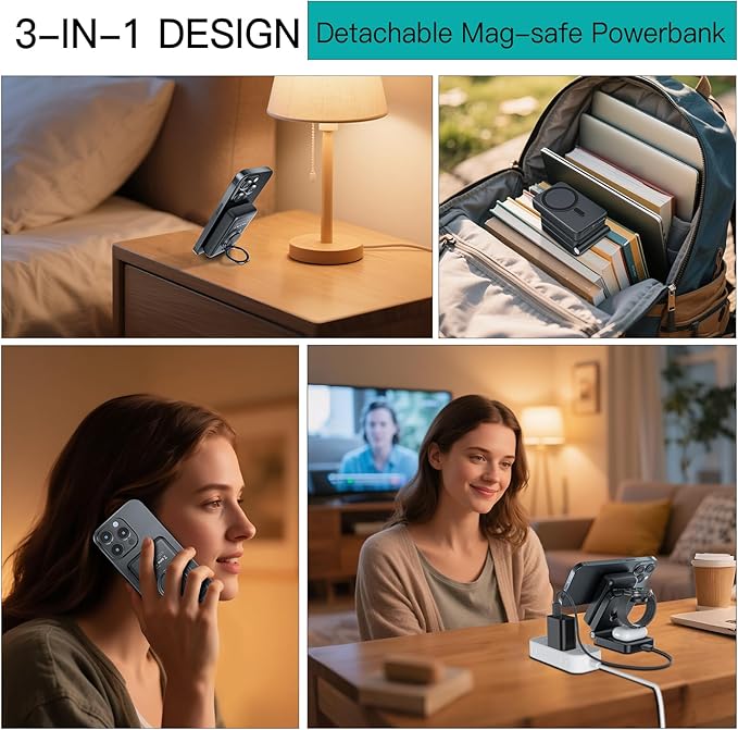 HUOTO 3 in 1 Foldable Magnetic Wireless for iPhone Charging Station,10000mAh Portable Charger Power Bank with Stand for MagSafe Battery Pack for iPhone 16/15/14/13/12 Series,for Apple Watch/Air pods