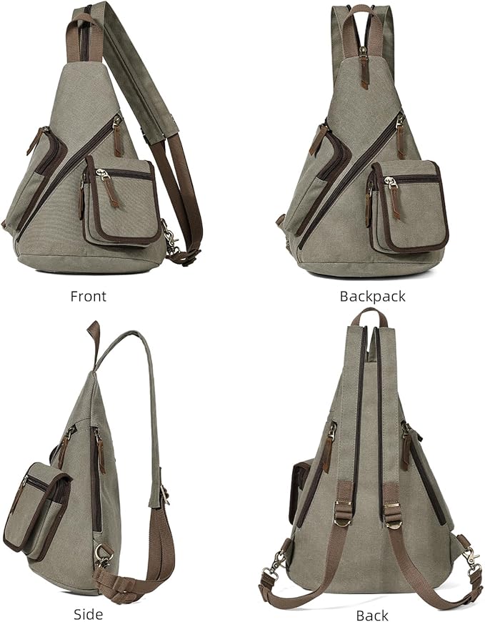KL928 Canvas Sling Bag - Casual Crossbody Shoulder Daypack Rucksack Backpack for Men Women, Olive Green