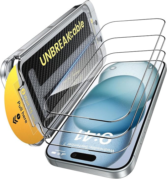 UNBREAKcable 3-Pack Screen Protector for iPhone 15 Tempered Glass - [One-Pull Perfection] [Auto Dust-Elimination] [9H+ Hardness] [99.99% HD Clear] Full Coverage for iPhone 6.1 inch