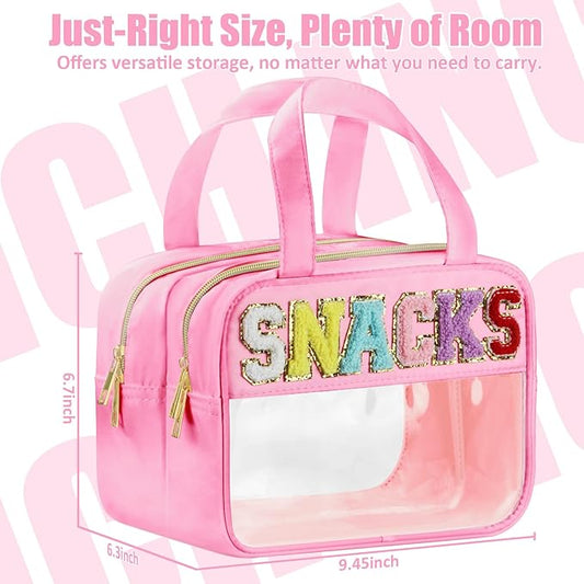 Chenille Letter Clear Makeup Bags, Snacks Bag for Travel, Preppy Patch Nylon Cosmetic Bag with Handles and Zipper, Waterproof Large Clear Travel Toiletry Bag Storage Bag for Women Pink