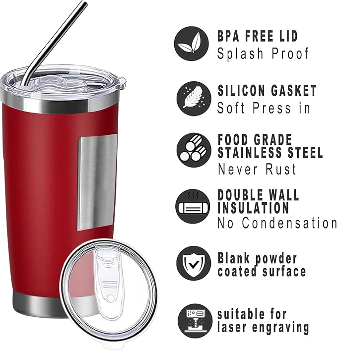 20oz insulted tumblers stainless steel cup Tumbler Bulk with push Lid, and metal straw powder coated coffee cup for cold and hot drinking (48, red)