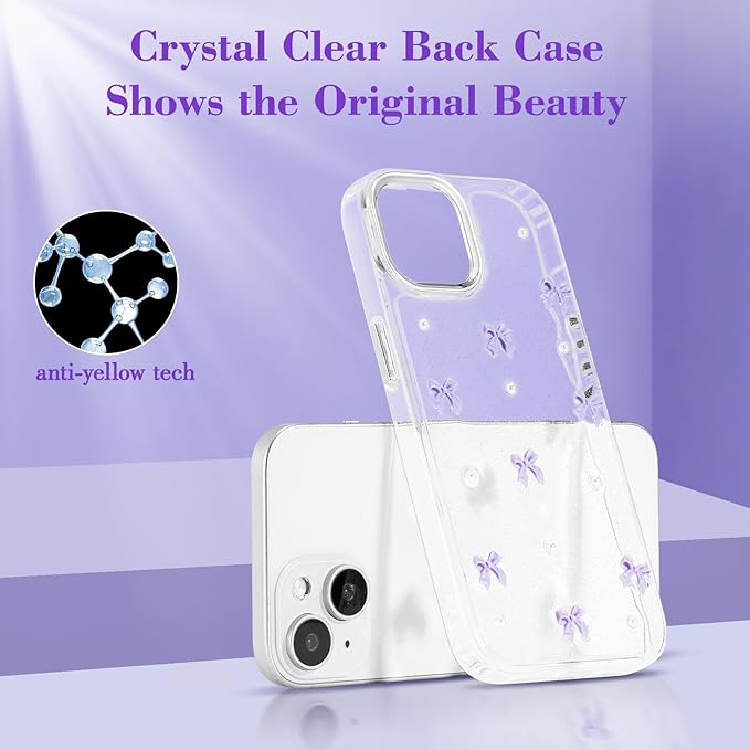 EYZUTAK Case for iPhone 13/iPhone 14, Bling Glitter 3D Bowknot Phone Case Cute Sparkly Crystal Clear Bow Aesthetic Case Slim Soft Durable TPU Transparent Protective Cover for Women Girls - Purple Bow