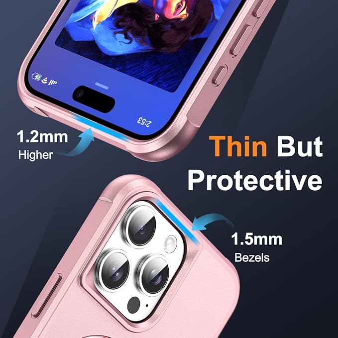 Compatible with iPhone 15 Pro Case with Invisible Magnetic O-Ring Stand Military-Grade Case for iPhone 15 Pro 6.1" [Compatible with Mag-Safe][Great Grip Feeling], Rose Gold