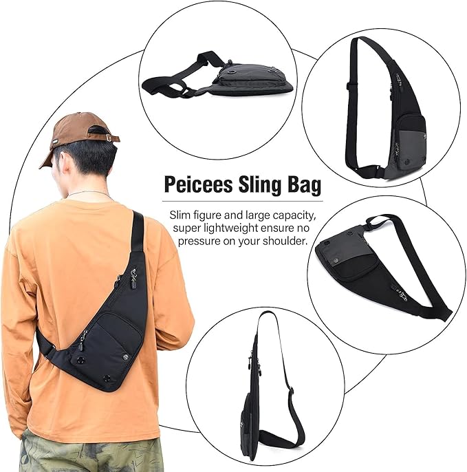 Peicees Waterproof Sling Bag Crossbody Bag For Men Slim Chest Backpack Man Purse Small Shoulder Bag For Travel Hiking