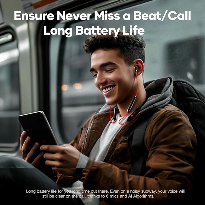 LINKLIKE Neckband Bluetooth Earbuds Wireless, Sports Earphones with 100H Playtime, HD Sound with 4 Drivers, Earbuds Around Neck Secure Fit IPX7 Waterproof for Running,Gym,Workout-Red