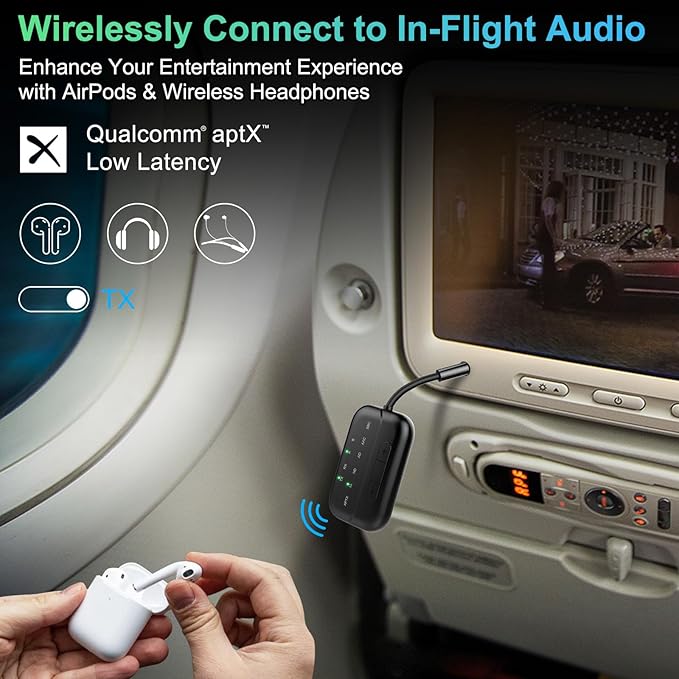 Bluetooth Transmitter Receiver, 2-in-1 V5.3 Wireless Adapter for Airplane, TV, PC, Gym, Switch. Supports up to 2 AirPods/Headphones. Audio Receiver for Car/Home Stereo,with AptX Low Latency & HD