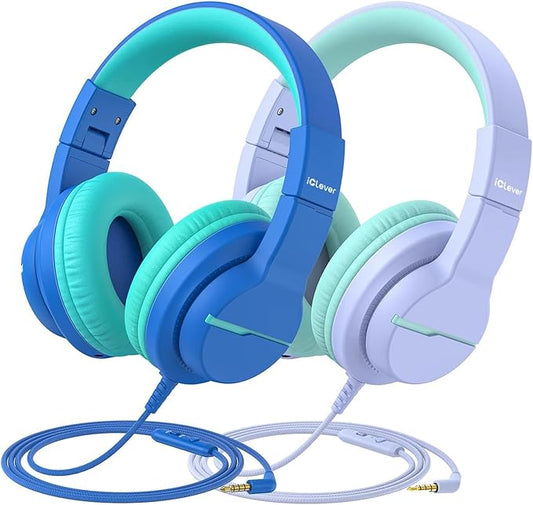 iClever Kids Headphones for School/Travel with Safe Volume 74/85dBA, HS19 Stereo Sound Over-Ear Headphones for Kids with Mic FunShare, Foldable 3.5mm Wired for iPad/Computer, 2 Pack
