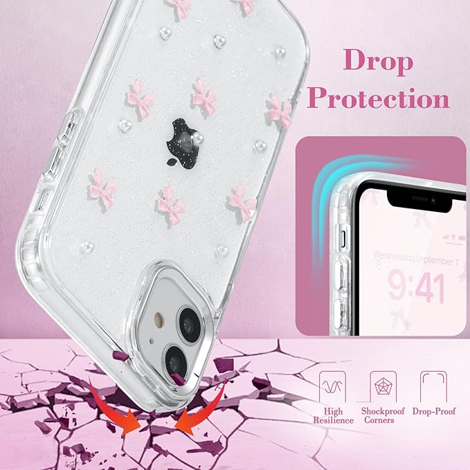 EYZUTAK Case for iPhone 11, Bling Glitter 3D Bowknot Phone Case Cute Sparkly Crystal Clear Bow Aesthetic Design Case Slim Soft Durable TPU Transparent Protective Cover for Women Girl - Pink Bow