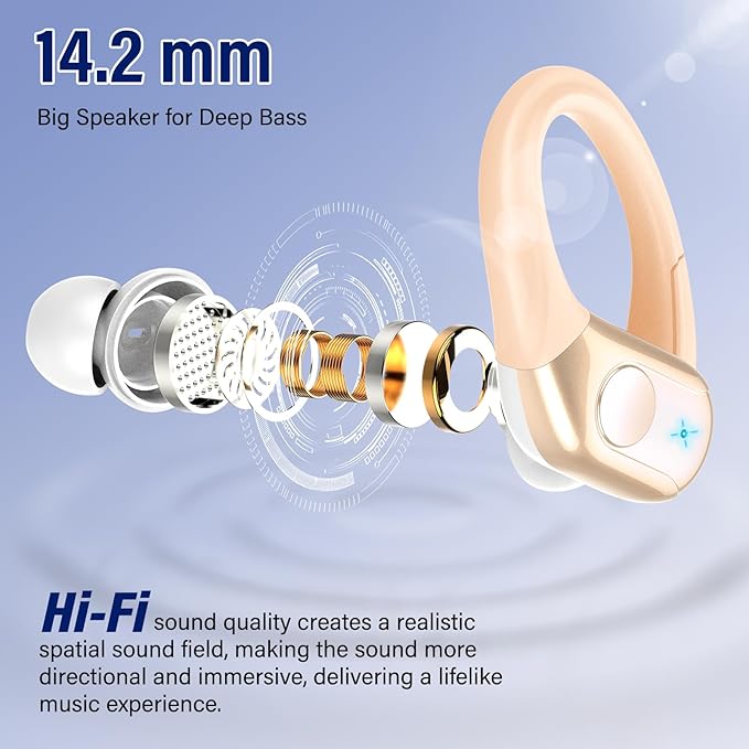 Wireless Earbuds Bluetooth 5.4 Headphones 75H Stereo Deep Bass Sports Over Ear Buds with Earhooks, LED Display Bluetooth Earbuds with 4 ENC Mic, IP7 Waterproof Earphone for Running, Khaki