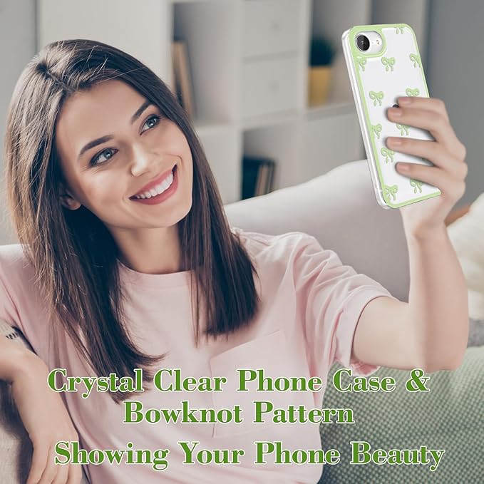 EYZUTAK Case for iPhone 16e, Clear Cute Ribbon Bowknot Pattern Aesthetic Transparent Phone Case Raised Camera Protection Stylish Slim Soft Durable TPU Protective Cover for Women Girls - Green