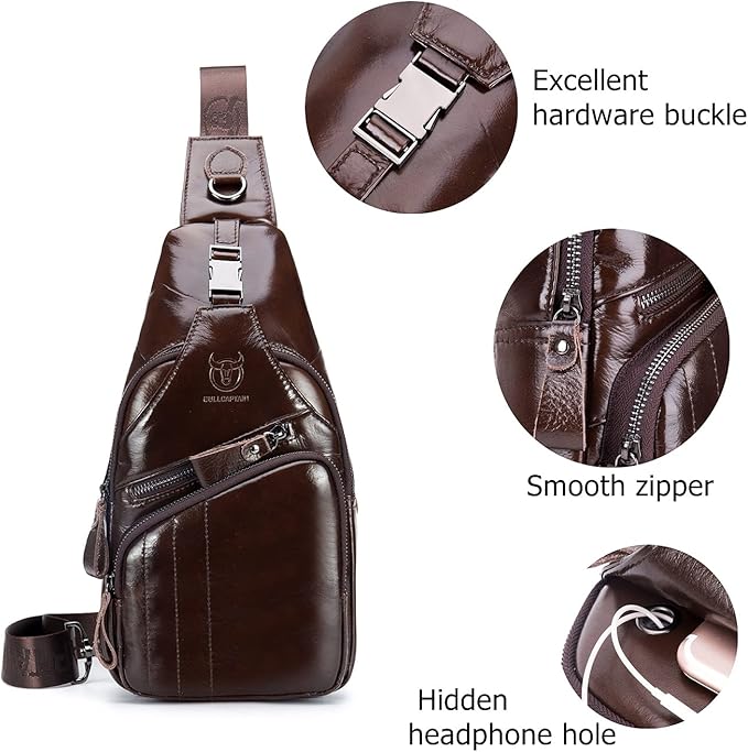 BULLCAPTAIN Men Sling Chest Bag Genuine Leather Casual Multipurpose Crossbody Shoulder Backpack Travel Hiking Daypack (Brown)