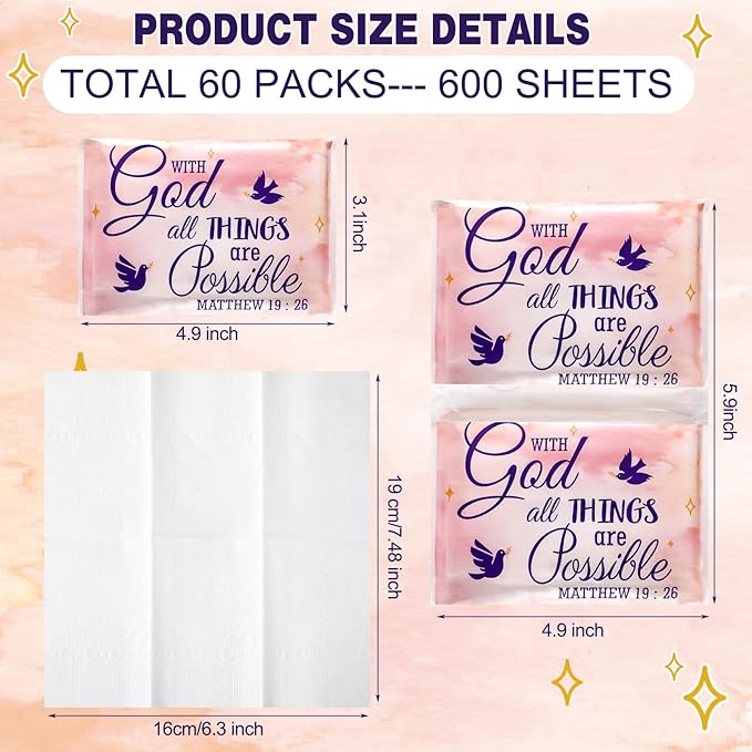 Sinmoe 60 Pack Pocket Tissues Travel Packs Christian Travel Tissues 3 Ply Pocket Size for Guests Mini Wallet Facial Napkin for Breast Cancer Wedding Xmas Graduation(Bird)
