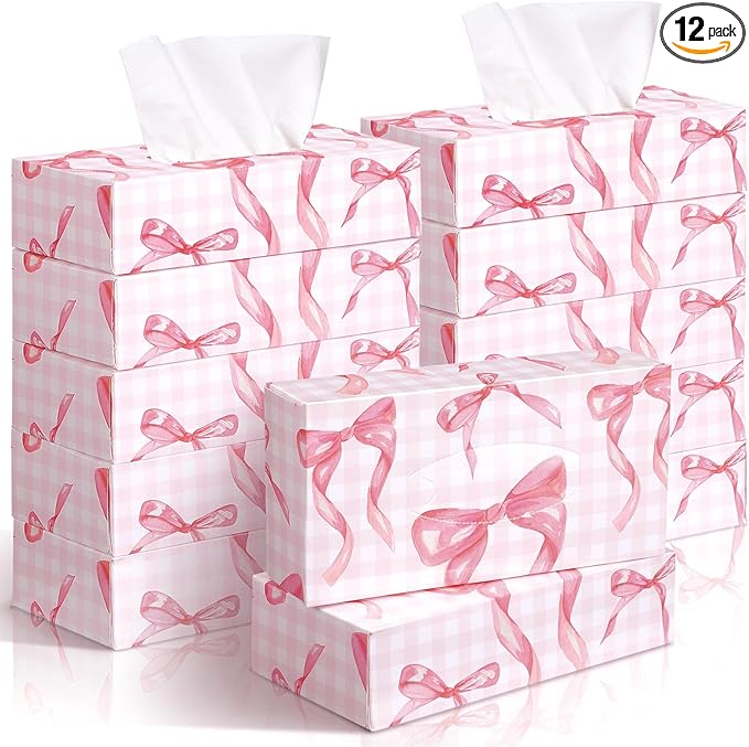 Yinder 12 Packs Facial Tissue Box 1560 Sheets Soft Facial Tissue Box for Fall Halloween Christmas 2 Ply 130 Sheets Disposable Travel Tissues Bulk for Car Household Kitchen(Pink Bow)