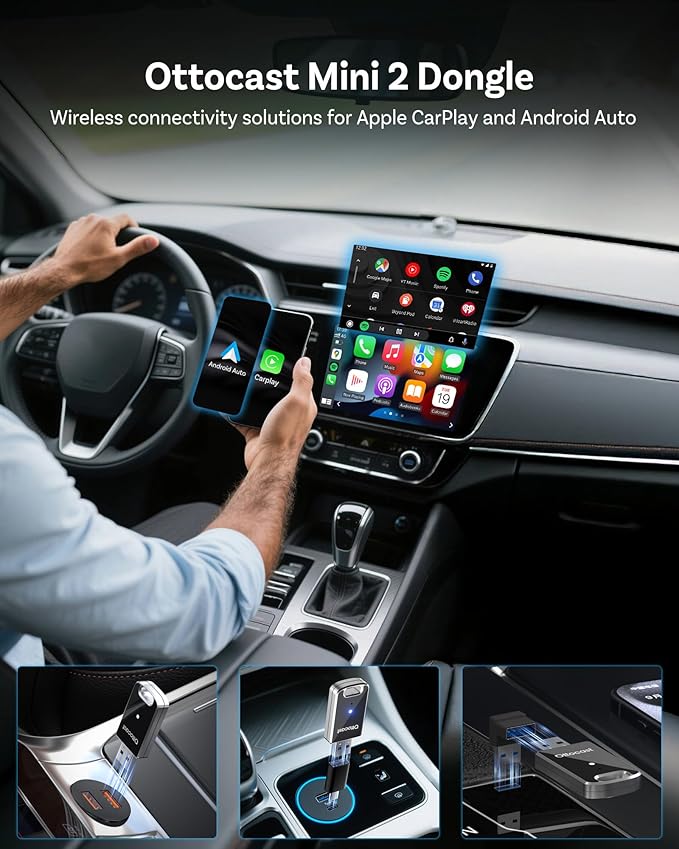 OTTOCAST Mini 2025 Wireless Carplay Adapter & Android Auto Wireless Adapter for Apple iPhone Samsung Android Phone 2-in-1, USB Car Accessories with 5 GHz Wi‑Fi Bluetooth 5.0 Voice Control Plug & Play