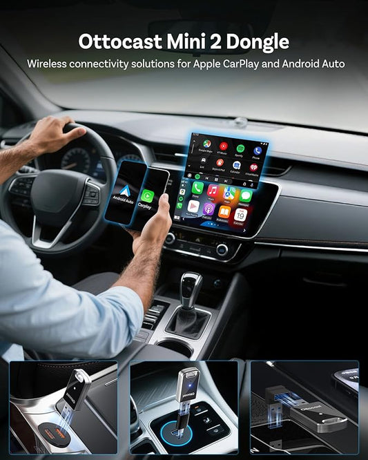 OTTOCAST Mini 2025 Wireless Carplay Adapter & Android Auto Wireless Adapter for Apple iPhone Samsung Android Phone 2-in-1, USB Car Accessories with 5 GHz Wi‑Fi Bluetooth 5.0 Voice Control Plug & Play
