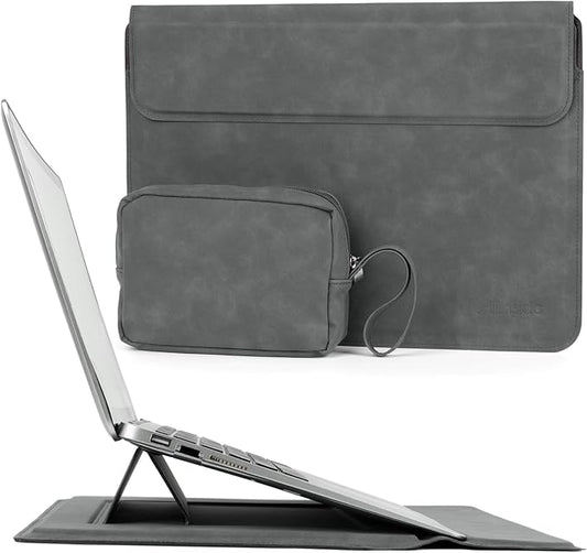 Allinside 13-14 Inch Laptop Sleeve Case for MacBook Pro 14" 2021-2024/MacBook Air 13" 2010-2017/MacBook Pro 13" 2010-2015, Waterproof PU Leather Sleeve Cover with Stand & Accessory Pouch, Gray