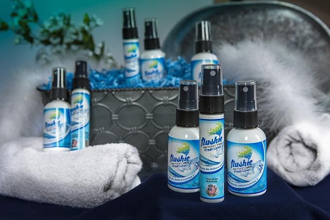 Flushie Pre-Toilet Spray for Poop Travel Size Toiletries Bathroom Spray for Poop Spray for Toilet Deodorizer Traveling Essentials Poop deodorizer Poop Odor eliminator 4oz (Linen, 4 Pack)