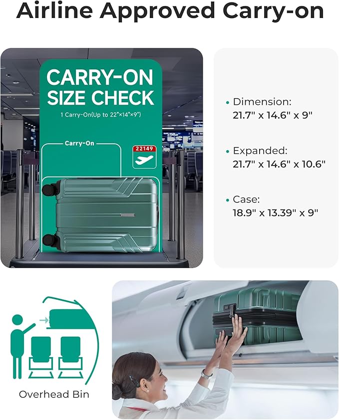 BAGSMART Expandable Carry On Luggage 22x14x9 Airline Approved, 1OO% PC Lightweight Hard Shell Suitcase, 20 Inch Travel Luggage with Spinner Wheels,Carry on Olive Green