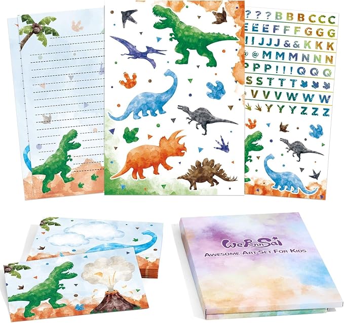 WERNNSAI Kids Stationery Set -72 PCS Dinosaur Boys Stationery Set Teens Dino Letter Writing Kit Dinosaur Letter Paper Set Stationery Writing Sheets with Envelopes School Gift Set