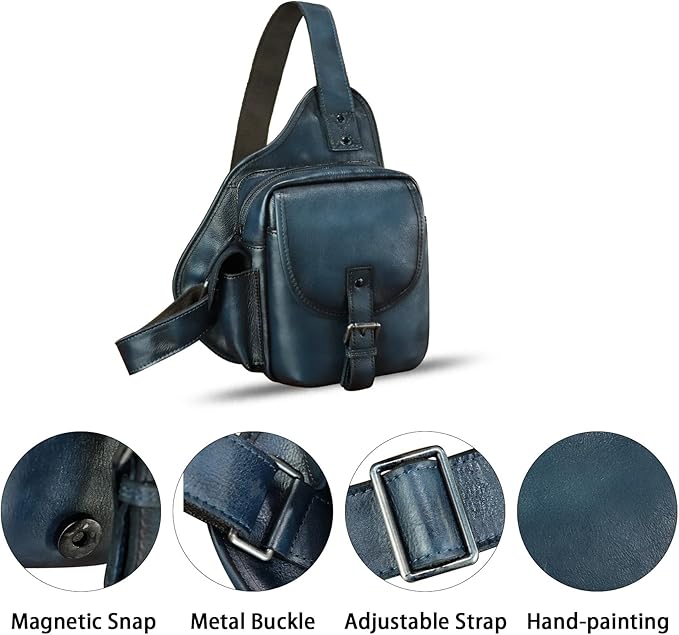 Genuine Leather Sling Bag for Men Women Chest Bag Crossbody Bag Vintage Sling Backpack Purses Hiking Sports Travel (Blue)