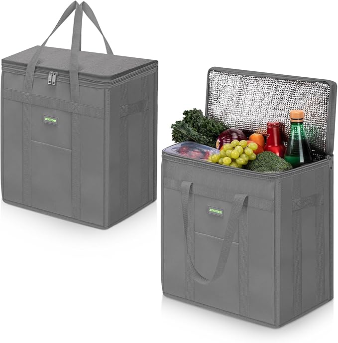 JUNGYOON 2-Pack Heavy-Duty Insulated Grocery Bags & Food Delivery Bag – Collapsible Cooler Bag with Zippered Top | Reusable Shopping Bags for Groceries, Picnics, Easy Storage(M Grey)