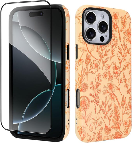 SOKAD Magnetic Sage Floral Phone Case for iPhone 16 Pro, Vintage Orange Flower Pattern Compatible with Magsafe Matte Protective Case Cover with Screen Protector for Girls Women