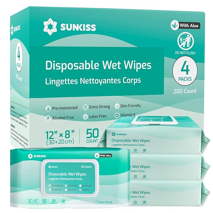 SUNKISS Trustplus Wet Wipes for Adult No Rinse, Extra Large 8”x12” Body Cleaning Washcloths for Elderly Incontinence & Cleansing, Unscented, 200 Count (4 Packs of 50)