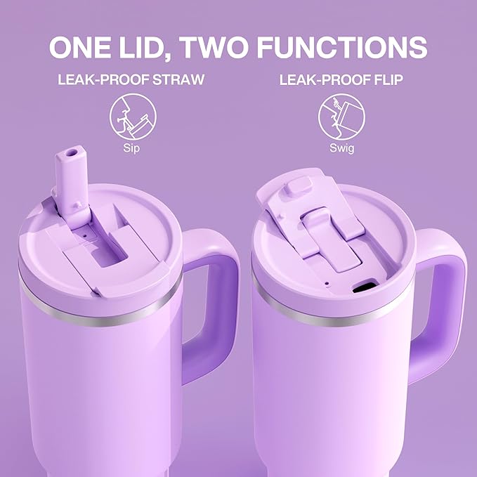 40 oz Tumbler with Handle and Straw: Stainless Steel Insulated Tumbler Keeps Cold for 24 Hours, Leakproof Travel Cup Fits in Cup Holder and BPA-Free, Lavender