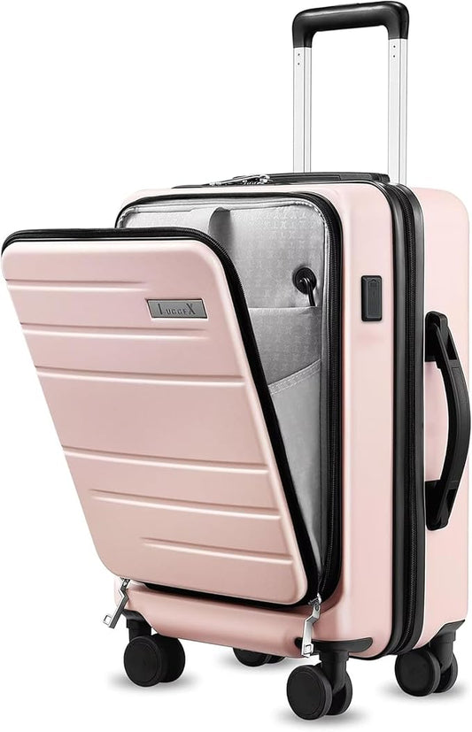 LUGGEX Carry On Luggage 22x14x9 Airline Approved, Polycarbonate Hard Suitcase with Front Pocket (Pink, 20 Inch, 35L)