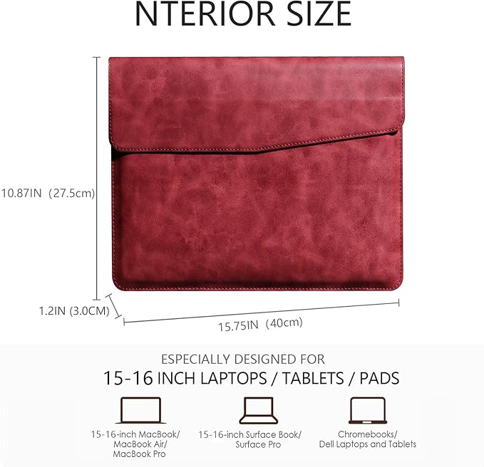 Leather Laptop Sleeve Compatible with MacBook Pro 16 Inch M4 M3 M2 M1 Pro/Max＆MacBook Air 15 Inch M4 M3 M2, Genuine Leather Protective Case Cover,Red