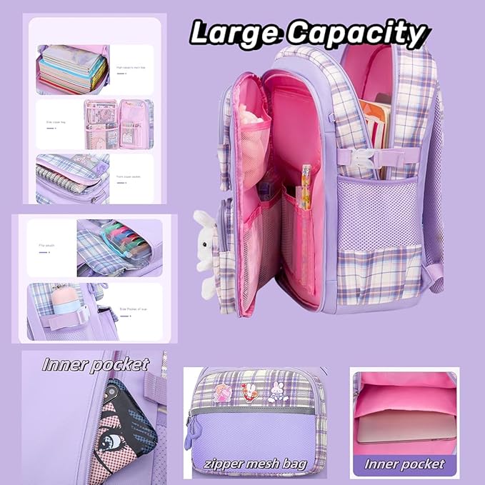 Girl Backpack for School Kids, Pink Cute Bookbag with Lunch Box Rainbow Elementary School Bag Pencil Case (Pink,3Pcs Set)