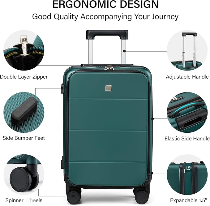 MILADA Expandable Carry On Luggage with Spinner Wheels PC Hard Shell Suitcases 20 Inch Top Opening Travel Suitcase with Wheels TSA Approved Luggage Trunk Rolling Carry-On, Blackish Green