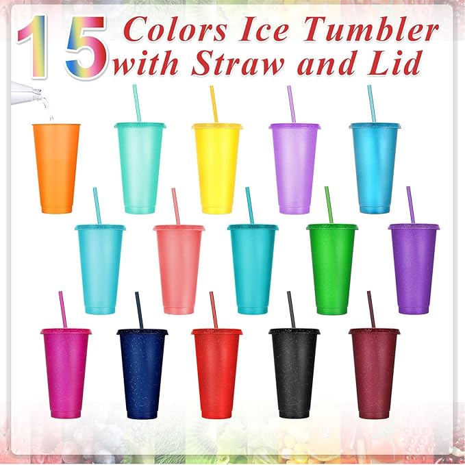 Honeydak 30 Pack Tumbler with Straw and Lid Bulk Glitter Plastic Cups Water Bottle Iced Coffee Travel Mug Reusable Party Favor Cups for Birthdays travel 24-27 oz (Vivid Color)