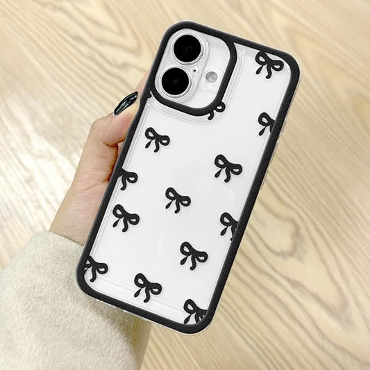 EYZUTAK Case for iPhone 16 Plus, Clear Cute Ribbon Bowknot Pattern Aesthetic Transparent Phone Case Raised Camera Protection Stylish Slim Soft Durable TPU Protective Cover for Women Girls - Black