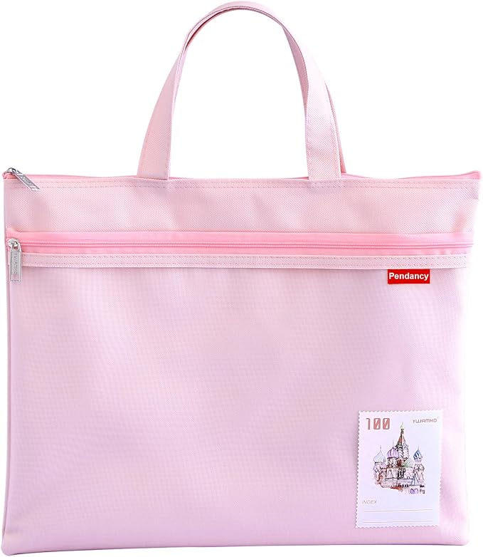 Pendancy Mesh Zipper Pouch 11x13.7 in, Large Double Pocket Waterproof File Bag with Handle, A4 Size Foldable Document Storage for Puzzle Project/Cross Stitch/Travel/Office（Pink）