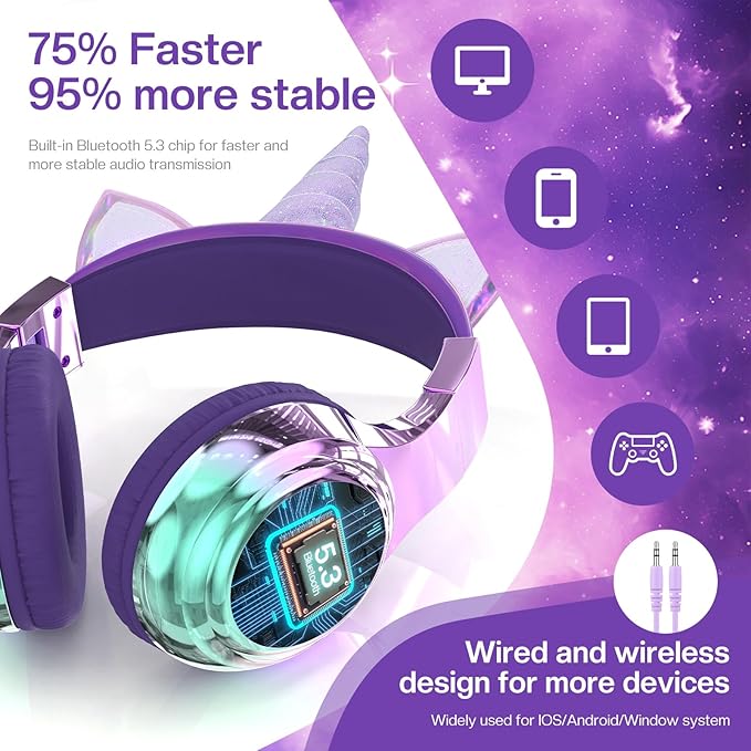 QearFun Kids Unicorn Bluetooth Headphones, 60H Playtime, 74/85/94dB Safe Volume Limit, Metallic Gradient Wireless Headset with Mic, Fast Charging, Foldable, Wired Mode for Girls School/Tablet/Travel