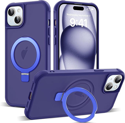 Compatible with iPhone 15 Plus Case with Invisible Magnetic O-Ring Stand Military-Grade Translucent Case for iPhone 15 Plus 6.7" [Compatible with Mag-Safe][Great Grip Feeling], Navy