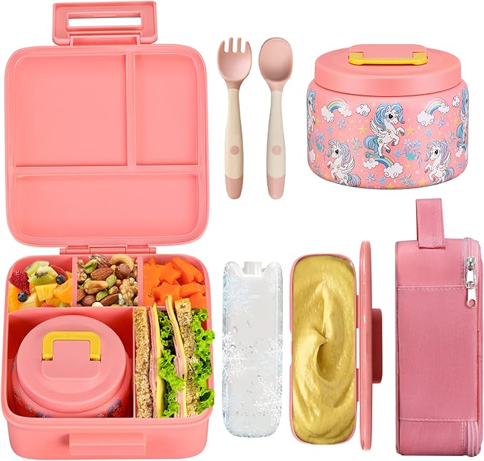 Bento Lunch Box for Kids With 8oz Soup Thermo,Leak-proof Lunch Containers with 5 Compartment,Thermos Food Jar and Lunch Bag, Food Containers for School (A-Pink(Fantasy Unicorn))