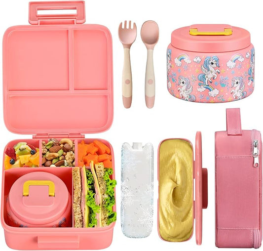 Bento Lunch Box for Kids With 8oz Soup Thermo,Leak-proof Lunch Containers with 5 Compartment,Thermos Food Jar and Lunch Bag, Food Containers for School (A-Pink(Fantasy Unicorn))