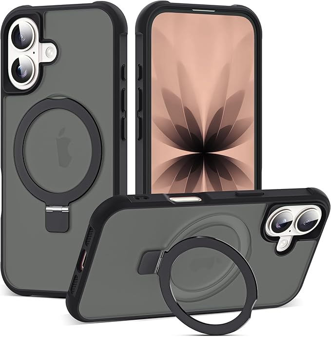 Compatible with iPhone 17 Case with Invisible Magnetic O-Ring Stand Military-Grade Translucent Phone Case for iPhone 17 6.3" [Compatible with Mag-Safe][Great Grip Feeling], Black