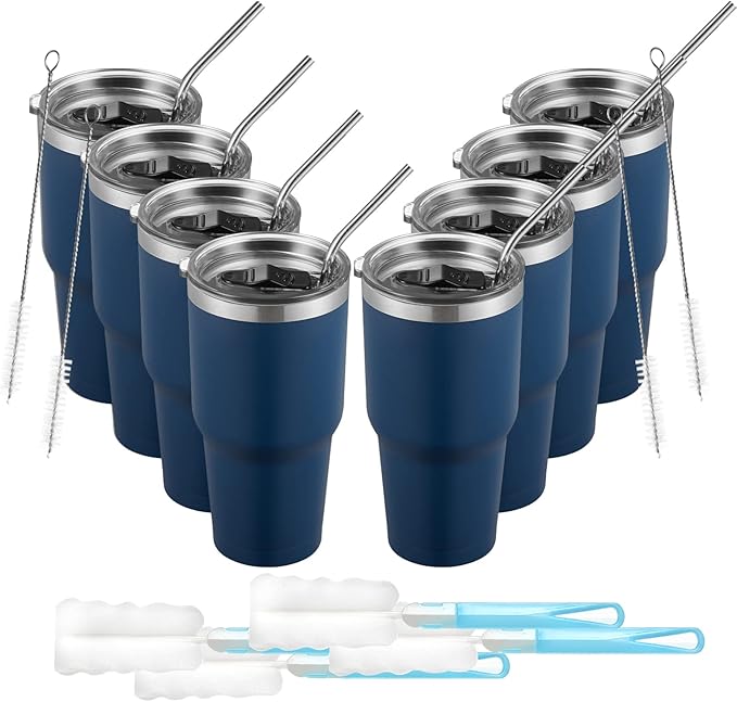 COMOOO 30oz Tumbler Stainless Steel Insulated Tumbler with Lid Double Wall Vacuum Coffee Cup Large Travel Mug for Home, Office, School,Party (Navy, 8 Pack)