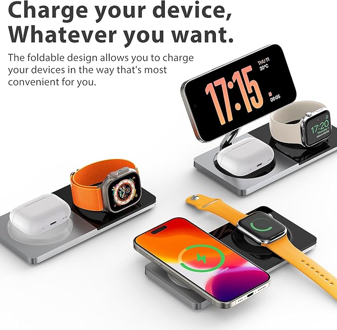 3 in 1 Charging Station for Apple Devices: Mag-Safe Charger Stand Fast Charging, Wireless Charger for iPhone 16/15/14/13/12 Series, Apple Watch Series 1-9/Ultra, AirPods Pro,30W USB Charger (Silver)