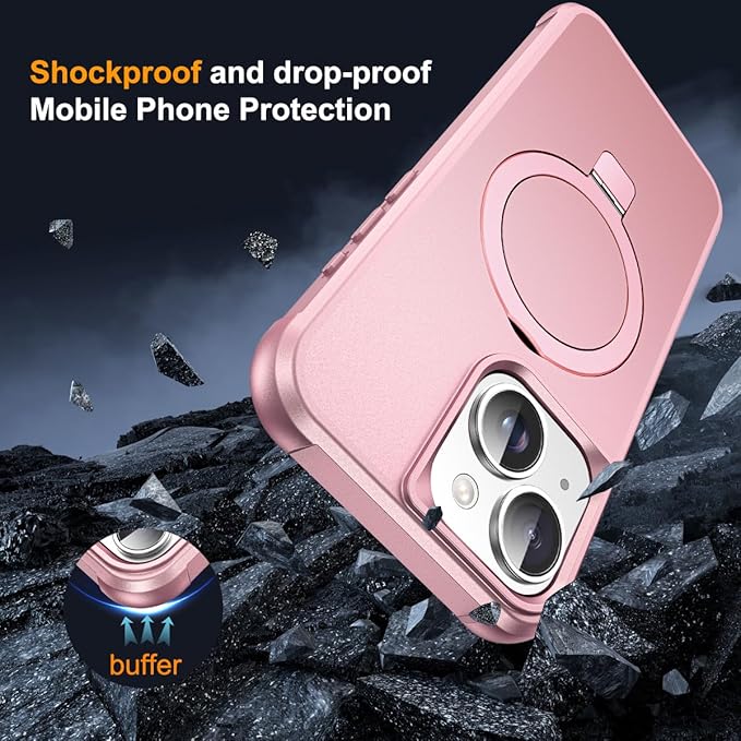 Compatible with iPhone 15 Case with Invisible Magnetic O-Ring Stand Military-Grade Case for iPhone 15 6.1" [Compatible with Mag-Safe][Great Grip Feeling], Rose Gold